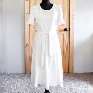 DKNY Belted White Dress with Tulip Godet Sleeve Midi Round Neck Flared Hem Sz 8
